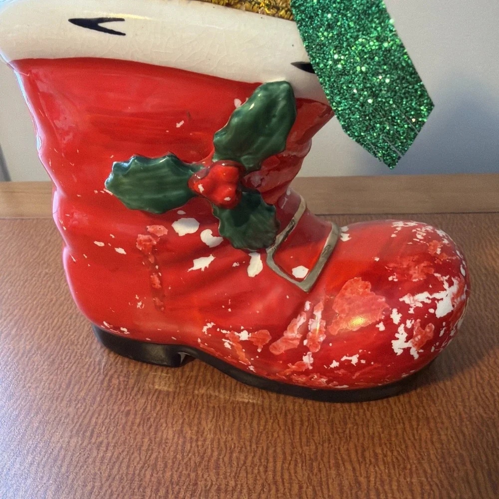 Vintage Lefton Christmas Red Santa‎ Boot Planter Mouse & Book Plastic Holly